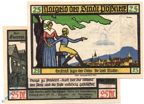 Notgeld Pößneck , 25 Pfennig Schein Nr 3 , kornblumenblau , Mehl Grabowski 1066.5 a , von 1921 , Thüringen Serien Notgeld
