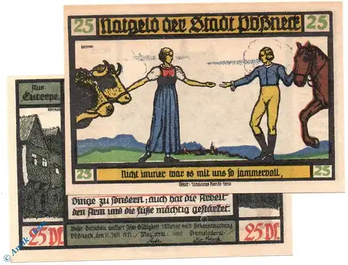 Notgeld Pößneck , 25 Pfennig Schein Nr 2 , kornblumenblau , Mehl Grabowski 1066.5 a , von 1921 , Thüringen Serien Notgeld