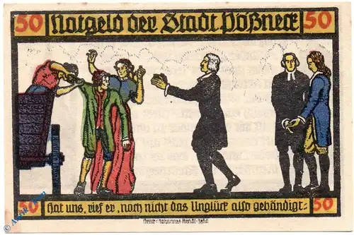 Notgeld Pößneck , 50 Pfennig Schein Nr 4 , o. Signatur , kornblumenblau , Mehl Grabowski 1066.5 b , von 1921 , Thüringen Serien Notgeld
