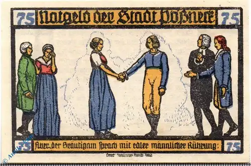 Notgeld Pößneck , 75 Pfennig Schein Nr 10 , olivgrau o. Signatur , Mehl Grabowski 1066.4 b , von 1921 , Thüringen Serien Notgeld