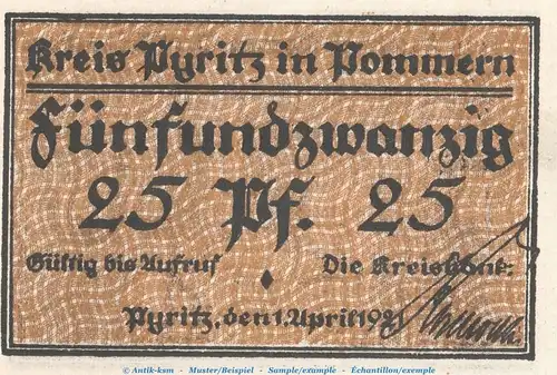 Notgeld Kreisbank Pyritz 1082.2.b , 25 Pfennig -Ohne Drfa.- in kfr. von 1921 , Pommern Seriennotgeld