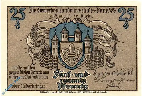 Notgeld Kyritz , 25 Pfennig Schein , Mehl Grabowski 753.1 b  , von 1921 , Brandenburg Seriennotgeld