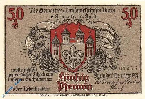 Notgeld Kyritz , 50 Pfennig Schein , Mehl Grabowski 753.1 b  , von 1921 , Brandenburg Seriennotgeld