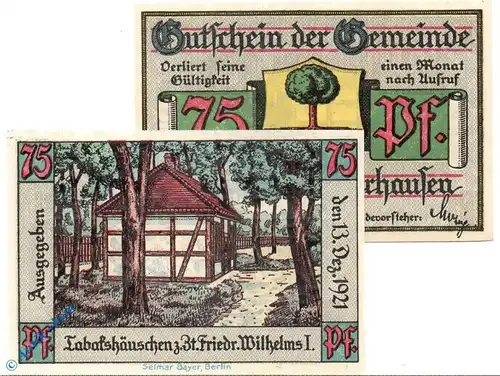 Notgeld Königswusterhausen , 75 Pfennig Schein C , grün blau , Mehl Grabowski 732.2 a , von 1921 , Brandenburg Seriennotgeld
