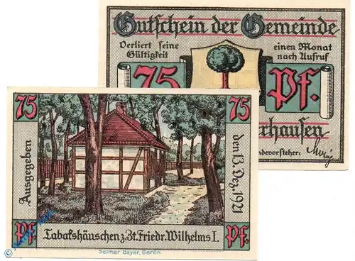 Notgeld Königswusterhausen , 75 Pfennig Schein C , blau blau , Mehl Grabowski 732.2 c , von 1921 , Brandenburg Seriennotgeld