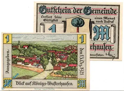 Notgeld Königswusterhausen , 1 Mark Schein E , blau gelb , Mehl Grabowski 732.2 b , von 1921 , Brandenburg Seriennotgeld