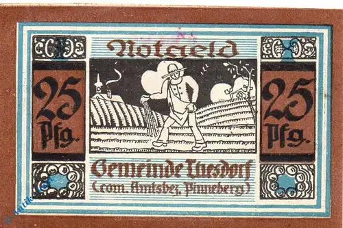 Notgeld Thesdorf , 25 Pfennig Schein Nr 1 in kfr. Mehl Grabowski 1321.2 , o. Wz , Schleswig Holstein Seriennotgeld