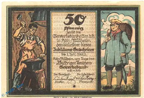 Notgeld Köln Mühlheim , 50 Pfennig Schein in kfr. Bauer , Mehl Grabowski 720.2 , Nordrhein Westfalen Seriennotgeld