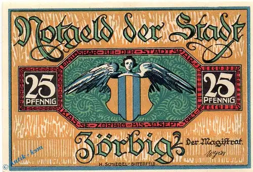 Notgeld Stadt Zörbig 1475.3.d , 25 Pfennig Schein 4 mit Signatur in kfr. o.D.  Sachsen Anhalt Seriennotgeld