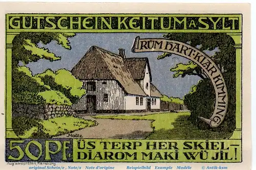 Notgeld Gemeinde Keitum , 685.1.a , 50 Pfennig Schein in kfr. von 1920 , Schleswig Holstein Seriennotgeld