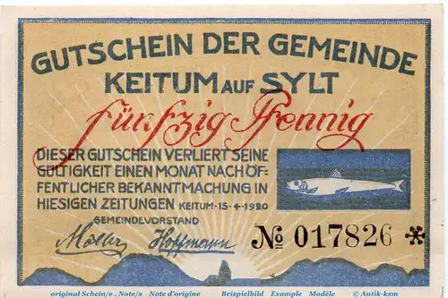 Notgeld Gemeinde Keitum , 685.1.a , 50 Pfennig Schein in kfr. von 1920 , Schleswig Holstein Seriennotgeld