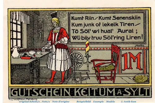 Notgeld Gemeinde Keitum , 685.1.e , 1 Mark Schein in kfr. von 1920 , Schleswig Holstein Seriennotgeld