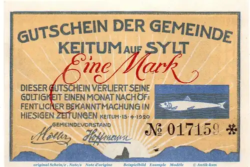 Notgeld Gemeinde Keitum , 685.1.e , 1 Mark Schein in kfr. von 1920 , Schleswig Holstein Seriennotgeld