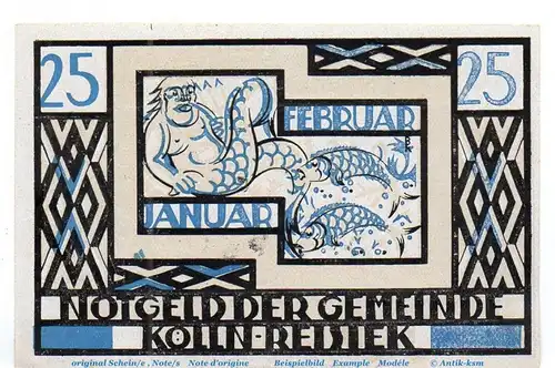Notgeld Gemeinde Kölln Reisiek 715.1 , 25 Pfennig Schein Nr 1 in kfr. o.D. Schleswig Holstein Seriennotgeld