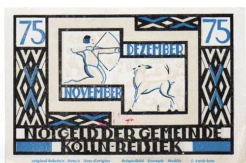 Notgeld Gemeinde Kölln Reisiek 715.1 , 75 Pfennig Schein Nr 2 in kfr. o.D. Schleswig Holstein Seriennotgeld