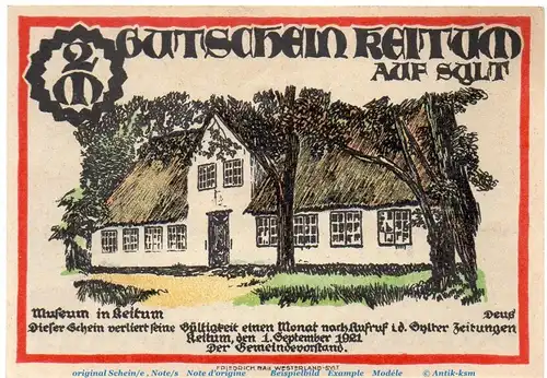 Notgeld Gemeinde Keitum Sylt 685.5 , 2 Mark Schein in kfr. von 1921 , Schleswig Holstein Seriennotgeld