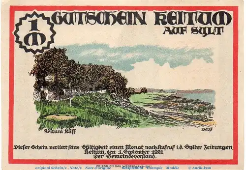 Notgeld Gemeinde Keitum Sylt 685.5 , 1 Mark Schein in kfr. von 1921 , Schleswig Holstein Seriennotgeld