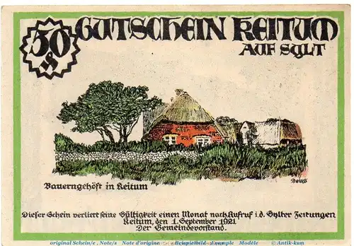 Notgeld Gemeinde Keitum Sylt 685.5 , 50 Pfennig Schein in kfr. von 1921 , Schleswig Holstein Seriennotgeld