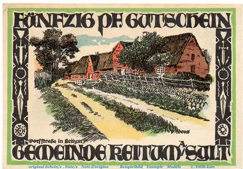 Notgeld Gemeinde Keitum Sylt 685.5 , 50 Pfennig Schein in kfr. von 1921 , Schleswig Holstein Seriennotgeld