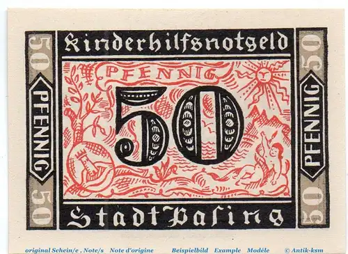 Kinderhilfs Notgeld Pasing 1050.5.a , 50 Pfennig Schein in kfr. weiß und rauh , von 1921 , Bayern Seriennotgeld