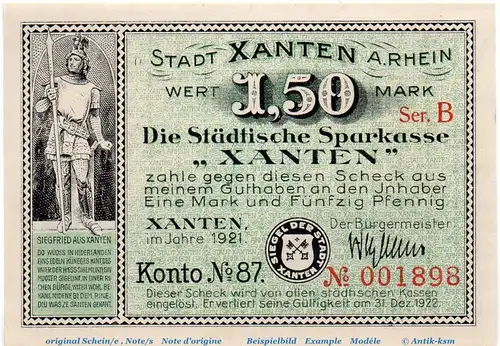 Notgeld Stadt Xanten 1465.1.a , 1,50 Mark Schein Nr 1 in kfr. von 1921 , Westfalen Seriennotgeld