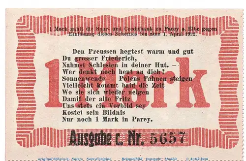Notgeld Parey Sonnenwende 1921 , 1 Mark Nr 1 -gezähnt- in kfr. von 1921 , Sachsen Anhalt Seriennotgeld