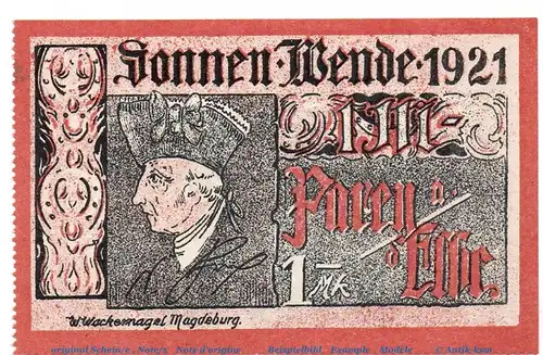 Notgeld Parey Sonnenwende 1921 , 1 Mark Nr 1 -gezähnt- in kfr. von 1921 , Sachsen Anhalt Seriennotgeld