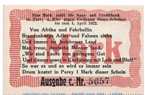 Notgeld Parey Sonnenwende 1921 , 1 Mark Nr 2 -gezähnt- in kfr. von 1921 , Sachsen Anhalt Seriennotgeld