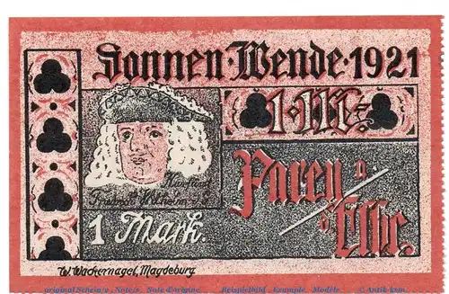 Notgeld Parey Sonnenwende 1921 , 1 Mark Nr 2 -gezähnt- in kfr. von 1921 , Sachsen Anhalt Seriennotgeld