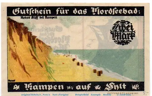 Notgeld Kurverwaltung Kampen , 674.1 , 2 Mark Schein in kfr. von 1921 , Schleswig Holstein Seriennotgeld