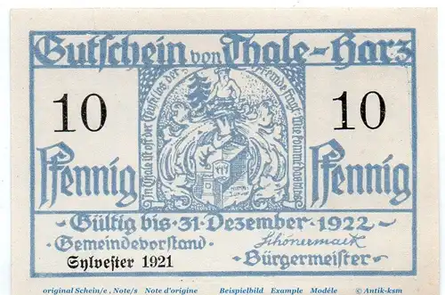 Notgeld Stadt Thale 1320.22 , 10 Pfennig Schein in kfr. von 1921 , Sachsen Anhalt Seriennotgeld