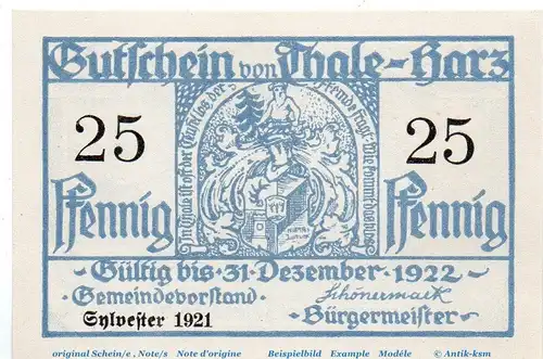 Notgeld Stadt Thale 1320.22 , 25 Pfennig Schein in kfr. von 1921 , Sachsen Anhalt Seriennotgeld