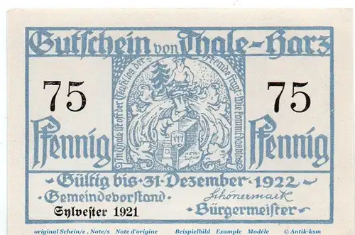 Notgeld Stadt Thale 1320.22 , 75 Pfennig Schein in kfr. von 1921 , Sachsen Anhalt Seriennotgeld