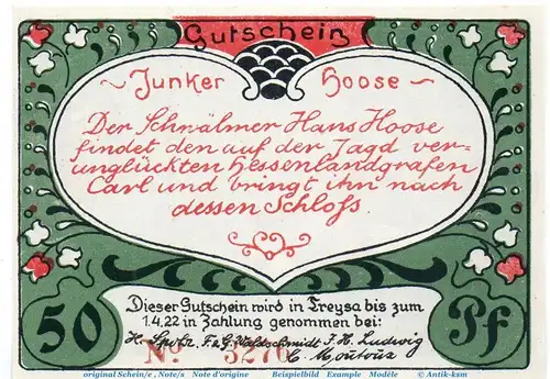 Notgeld H. Spohr Treysa 1340.1.b , 50 Pfennig Schein Kn = braun in kfr. o.D. Hessen Seriennotgeld