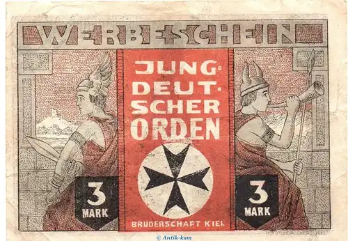 Notgeld Jungdeutscher Orden Kiel 694.1 , 3 Mark Schein in gbr. o.D. Schleswig Holstein Seriennotgeld