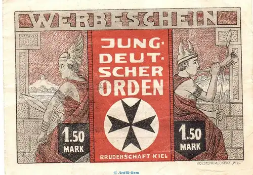 Notgeld Jungdeutscher Orden Kiel 694.1 , 1,50 Mark Schein in gbr. o.D. Schleswig Holstein Seriennotgeld