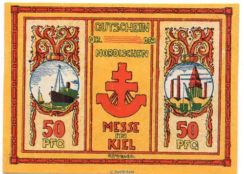 Notgeld Norische Messe Kiel 698.1.b , 50 Pfennig Musterschein o.Kn. in kfr.. von 1921 , Schleswig Holstein Seriennotgeld