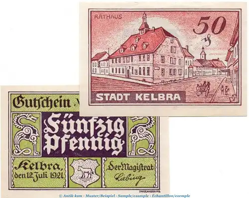 Notgeld Stadt Kelbra 686.3 , 50 Pfennig Nr.3 -Wz.Fabermännchen- in kfr. von 1921 , Sachsen Anhalt Seriennotgeld