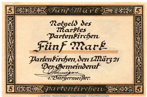 Notgeld Marktgemeinde Partenkirchen 1048.1 , 5 Mark Schein in kfr. von 1921 , Bayern Seriennotgeld