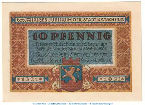 Notgeld Stadt Katscher 680.1 , 10 Pfennig Schein -September- in kfr. von 1921 , Ober Schlesien Seriennotgeld