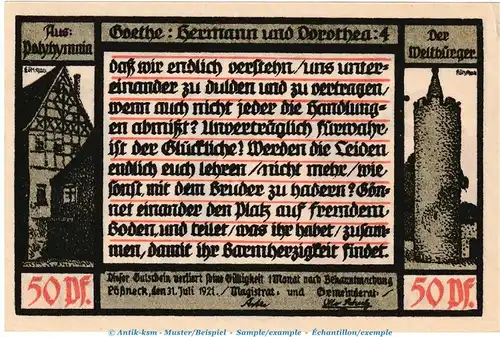 Notgeld Stadt Pößneck 1066.4.a , 50 Pfennig Nr.4 dunkelblau in kfr. von 1921 , Thüringen Seriennotgeld