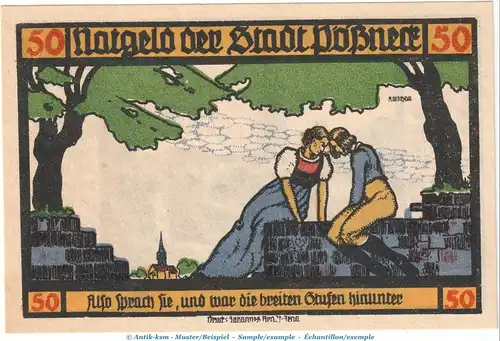 Notgeld Stadt Pößneck 1066.4.a , 50 Pfennig Nr.6 dunkelblau in kfr. von 1921 , Thüringen Seriennotgeld