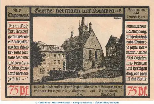 Notgeld Stadt Pößneck 1066.4.a , 75 Pfennig Nr.8 dunkelblau in kfr. von 1921 , Thüringen Seriennotgeld