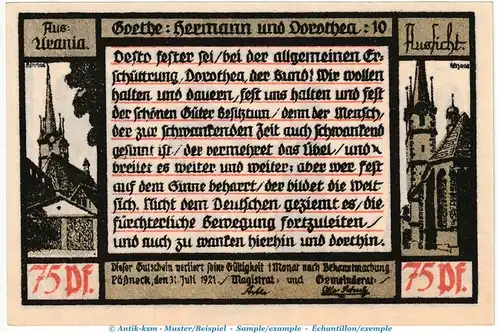 Notgeld Stadt Pößneck 1066.4.a , 75 Pfennig Nr.10 dunkelblau in kfr. von 1921 , Thüringen Seriennotgeld