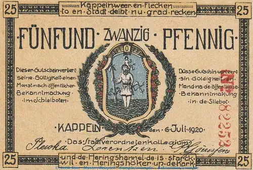Notgeld Stadt Kappeln 677.1.a,c , 25 Pfennig Schein in kfr. von 1920 , Schleswig Holstein Seriennotgeld