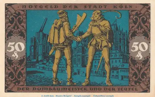 Notgeld Stadt Köln 717.3,4 , 50 Pfennig Schein D1 in kfr. von 1922 , Westfalen Seriennotgeld