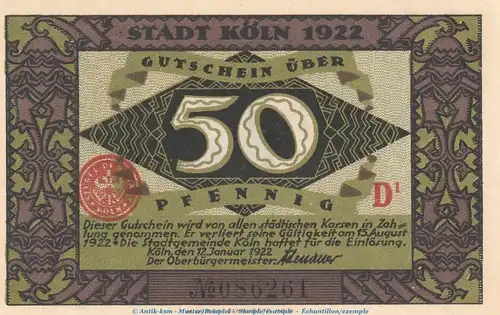 Notgeld Stadt Köln 717.3,4 , 50 Pfennig Schein D1 in kfr. von 1922 , Westfalen Seriennotgeld