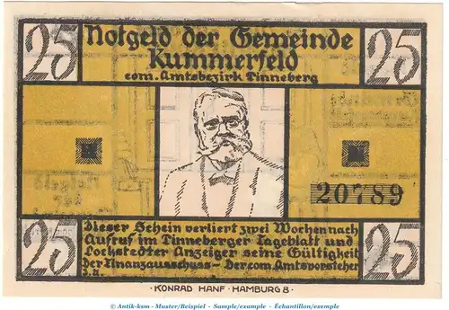 Notgeld Gemeinde Kummerfeld 749.4.a , 25 Pfennig Schein Nr.1 in kfr. o.D. Schleswig Holstein Seriennotgeld