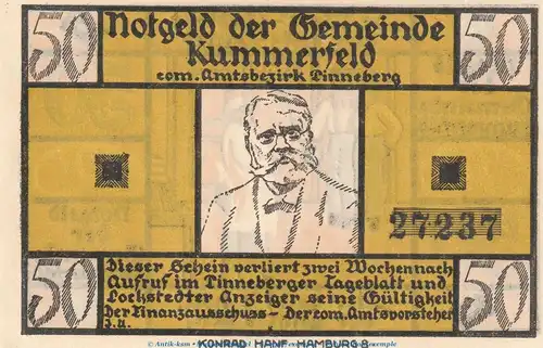 Notgeld Gemeinde Kummerfeld 749.4.a , 50 Pfennig Schein Nr.2 in kfr. o.D. Schleswig Holstein Seriennotgeld
