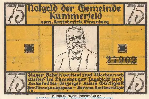 Notgeld Gemeinde Kummerfeld 749.4.a , 75 Pfennig Schein Nr.1 in kfr. o.D. Schleswig Holstein Seriennotgeld